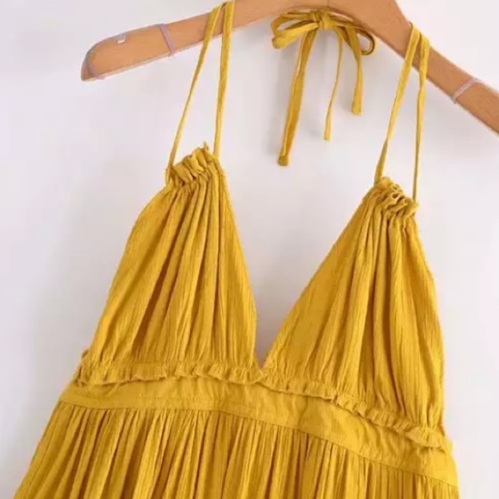 SOLD OUT Mustard Swiss Dot Ruffle Halter Dress - Picture 2 of 6